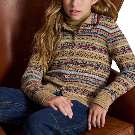 Polo Ralph Lauren Girl's Fair Isle Cotton-Wool Cardigan Warm Brown Heather Multi