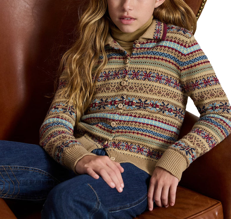 Polo Ralph Lauren Girl's Fair Isle Cotton-Wool Cardigan Warm Brown Heather Multi