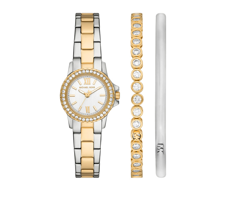 Michael Kors Women's Petite Everest Two-Tone Watch and Pavé Bangle Jewelry Gift Set Two Tone MKO9032SET