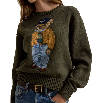 Polo Ralph Lauren Women's Polo Bear Cotton Crewneck Sweater Marled Olive
