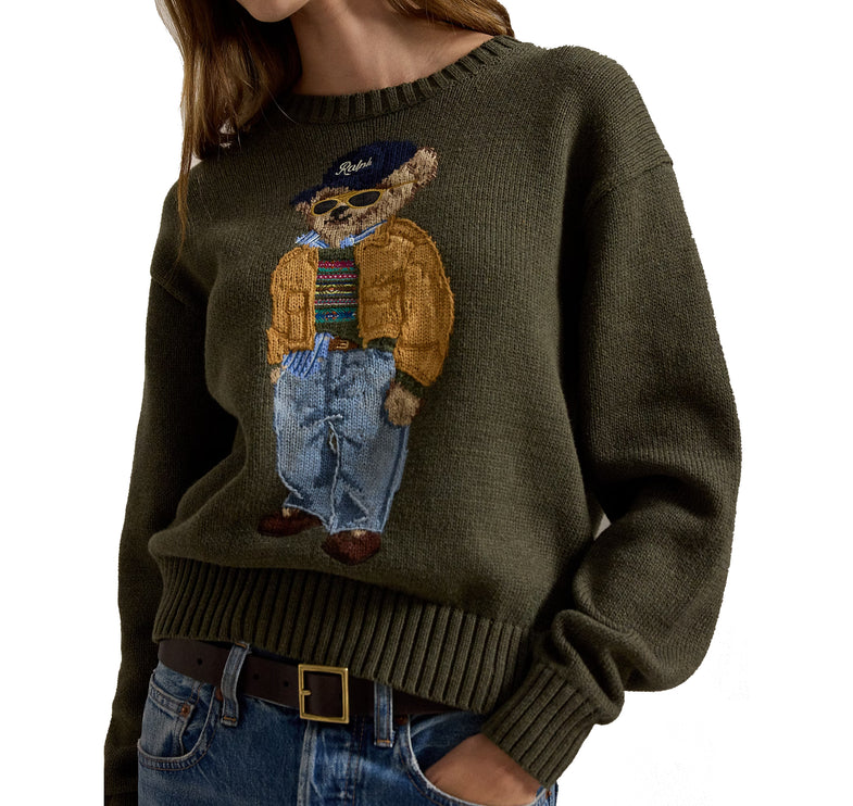 Polo Ralph Lauren Women's Polo Bear Cotton Crewneck Sweater Marled Olive