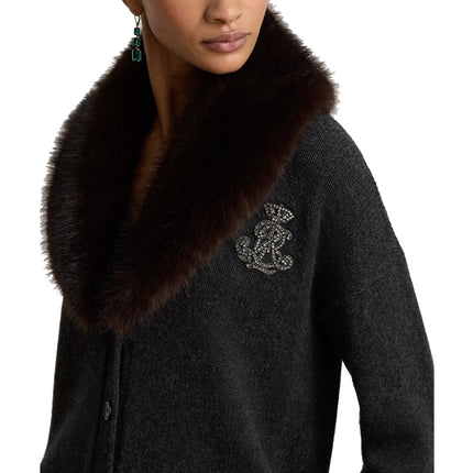 Polo Ralph Lauren Women's Faux-Fur-Trim Wool-Cashmere Cardigan Onyx Heather