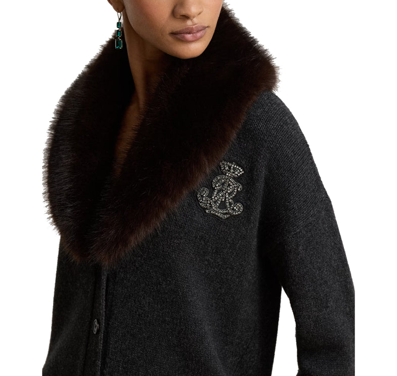 Polo Ralph Lauren Women's Faux-Fur-Trim Wool-Cashmere Cardigan Onyx Heather
