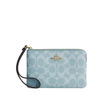 Coach Women's Corner Zip Wristlet In Signature Canvas Gold/Light Blue