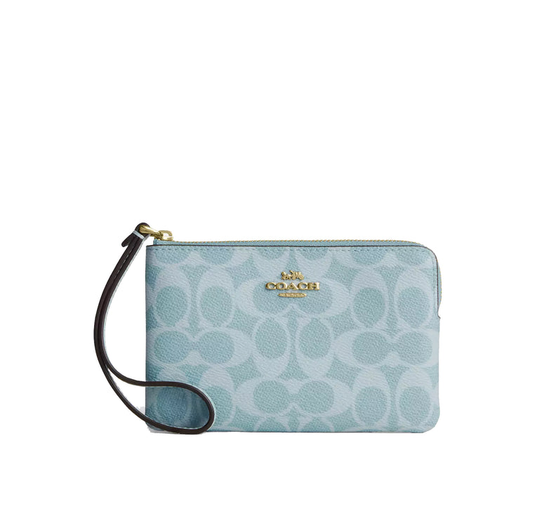 Coach Women's Corner Zip Wristlet In Signature Canvas Gold/Light Blue