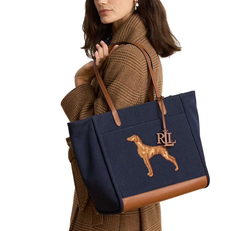 Polo Ralph Lauren Women's Dog-Embroidered Large Cameryn Tote Bag Lauren Navy/Lauren Tan