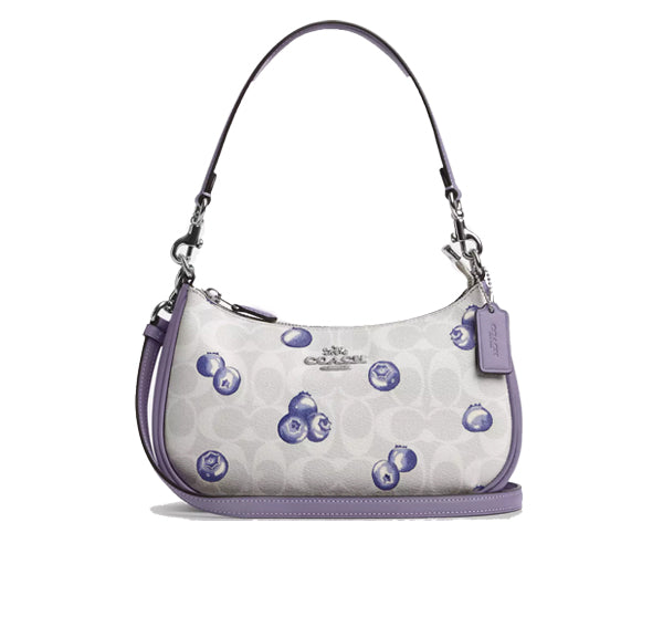Coach Women's Teri Shoulder Bag In Signature Canvas With Blueberry Print  Silver/Chalk/Light Violet
