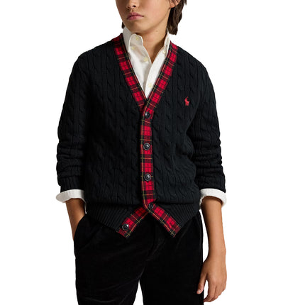 Polo Ralph Lauren Boy's Plaid-Trim Cable Cotton Cardigan Polo Black Multi