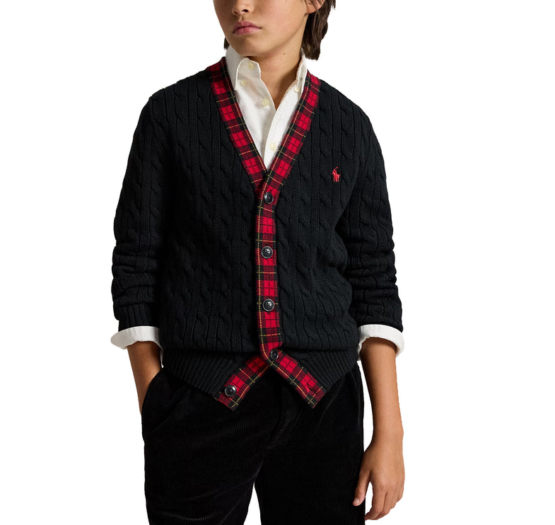 Polo Ralph Lauren Boy's Plaid-Trim Cable Cotton Cardigan Polo Black Multi