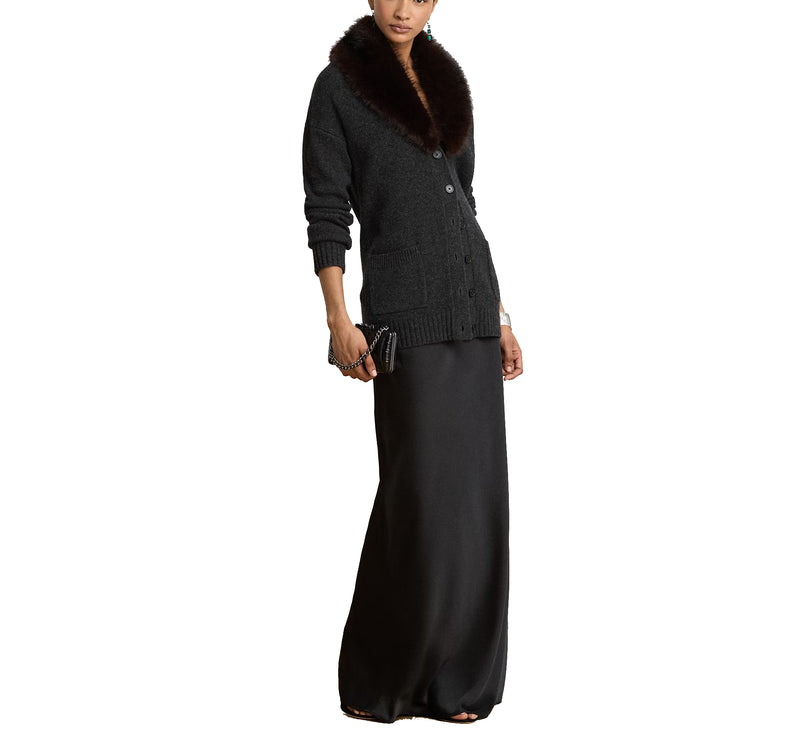 Polo Ralph Lauren Women's Faux-Fur-Trim Wool-Cashmere Cardigan Onyx Heather