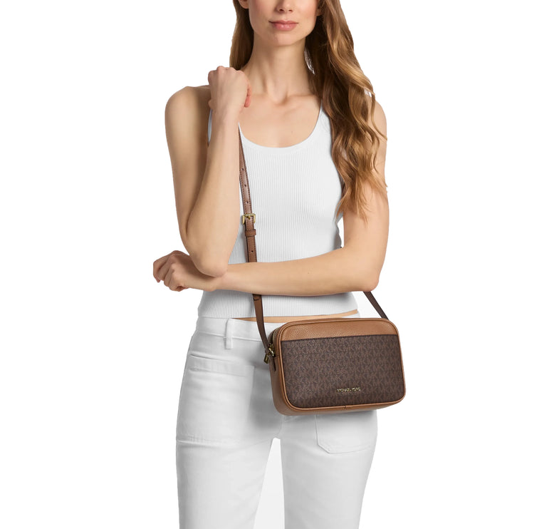Michael Kors Women's Jet Set Travel Large Signature logo Camera Crossbody Bag Brown/Gold