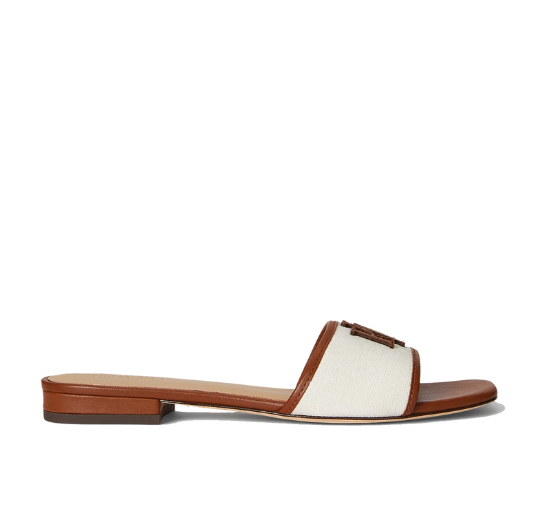 Polo Ralph Lauren Women's Everley Leather-Trim Canvas Slide Sandal Natural/Lauren Tan