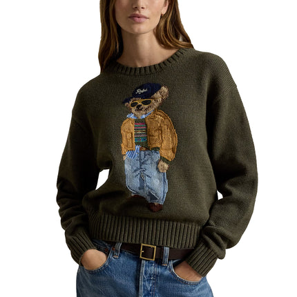 Polo Ralph Lauren Women's Polo Bear Cotton Crewneck Sweater Marled Olive
