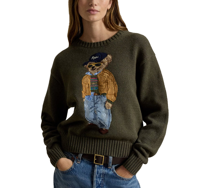 Polo Ralph Lauren Women's Polo Bear Cotton Crewneck Sweater Marled Olive