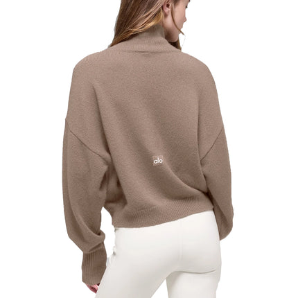 alo Women's Wool Cashmere Cropped New Class Turtleneck Sweater Chai Latte