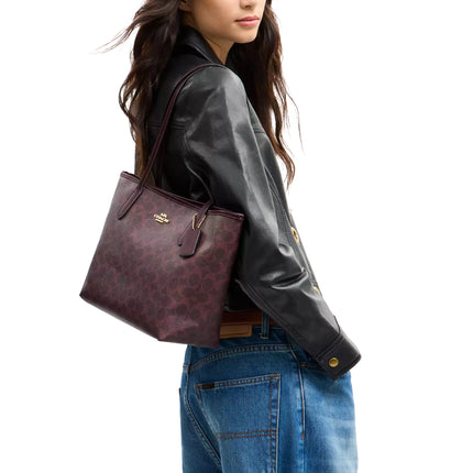 Coach Women's Medium City Tote Bag In Signature Canvas Gold/Black Currant