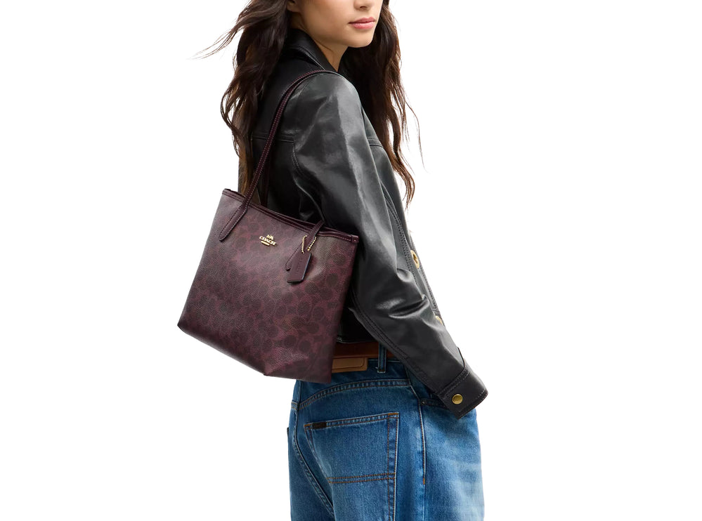 Coach Women's Medium City Tote Bag In Signature Canvas Gold/Black Currant