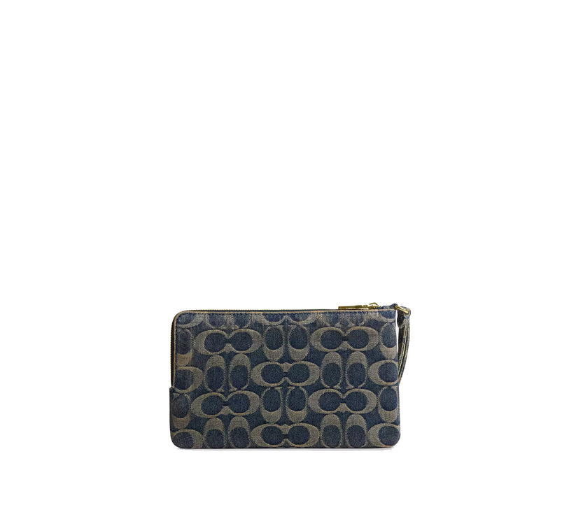 Coach Women's Double Zip Wristlet In Signature Regenerative Cotton Denim Gold/Denim