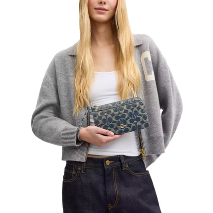 Coach Women's Double Zip Wristlet In Signature Regenerative Cotton Denim Gold/Denim