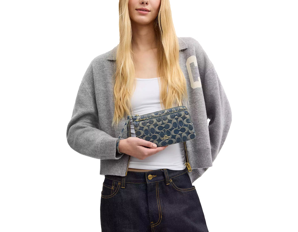 Coach Women's Double Zip Wristlet In Signature Regenerative Cotton Denim Gold/Denim