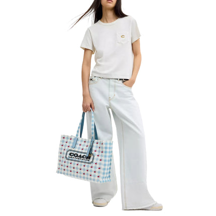 Coach Women's Tote Bag With Gingham Print Gold/Blue Multi