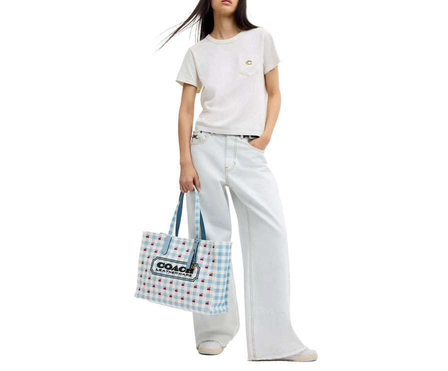 Coach Women's Tote Bag With Gingham Print Gold/Blue Multi