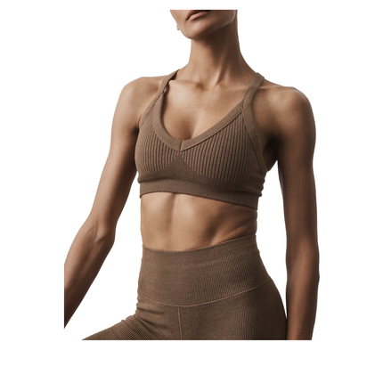 alo Women's Seamless Two Tone Rib Bra Java Brown