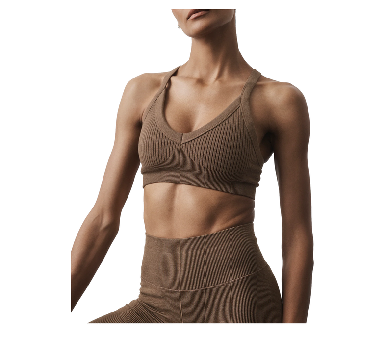 alo Women's Seamless Two Tone Rib Bra Java Brown