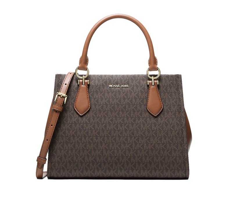 Michael Kors Women's Marilyn Medium Signature Logo Convertible Satchel Bag Brown/Gold