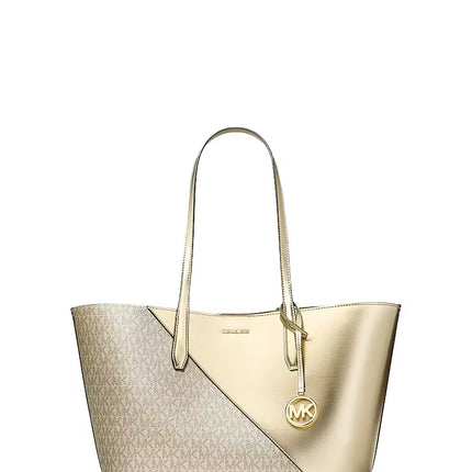 Michael Kors Women's Avalon Medium Metallic and Signature Logo Tote Bag Pale Gold