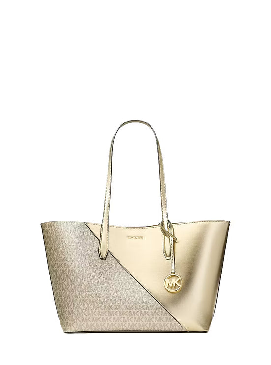 Michael Kors Women's Avalon Medium Metallic and Signature Logo Tote Bag Pale Gold