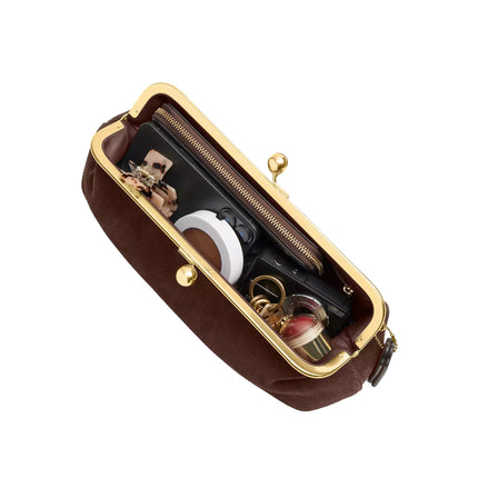 Coach Women's Kisslock Frame Bag 30 Suede/Brass/Dark Chocolate