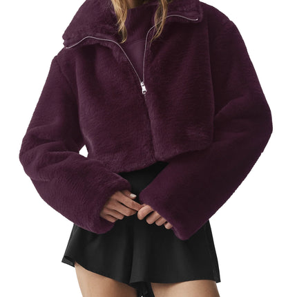alo Women's Faux Fur Cropped Amore Jacket Rich Bordeaux