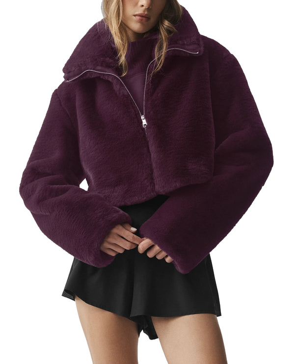 alo Women's Faux Fur Cropped Amore Jacket Rich Bordeaux