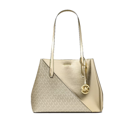 Michael Kors Women's Avalon Medium Metallic and Signature Logo Tote Bag Pale Gold