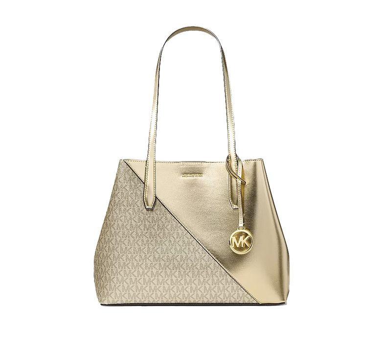 Michael Kors Women's Avalon Medium Metallic and Signature Logo Tote Bag Pale Gold
