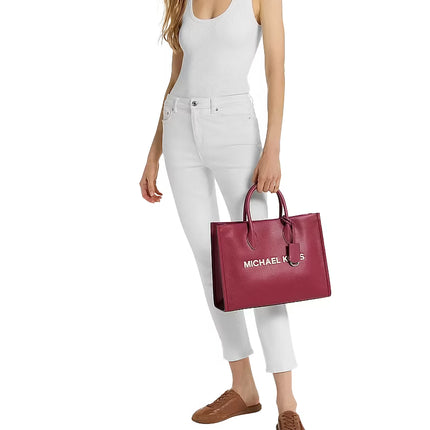Michael Kors Women's Mirella Medium Pebbled Leather Tote Bag Maroon