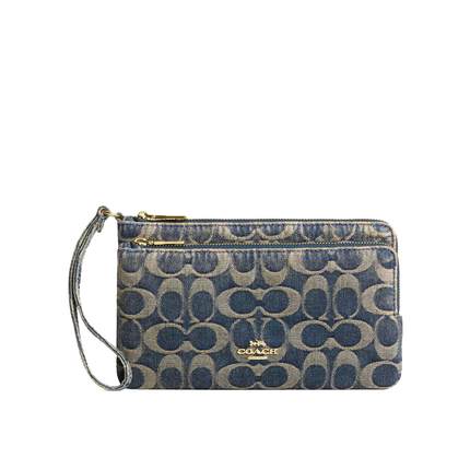 Coach Women's Double Zip Wristlet In Signature Regenerative Cotton Denim Gold/Denim