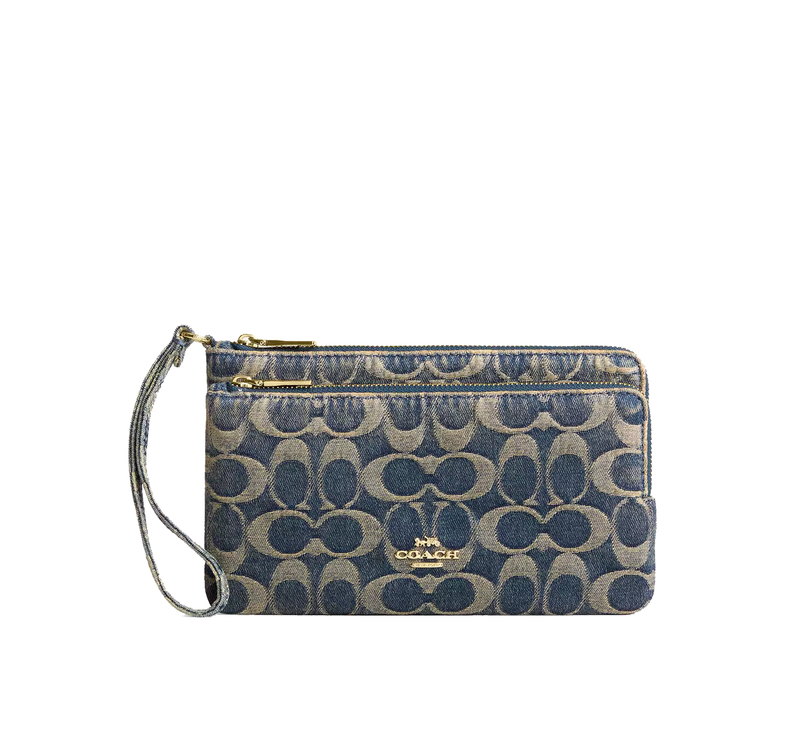 Coach Women's Double Zip Wristlet In Signature Regenerative Cotton Denim Gold/Denim