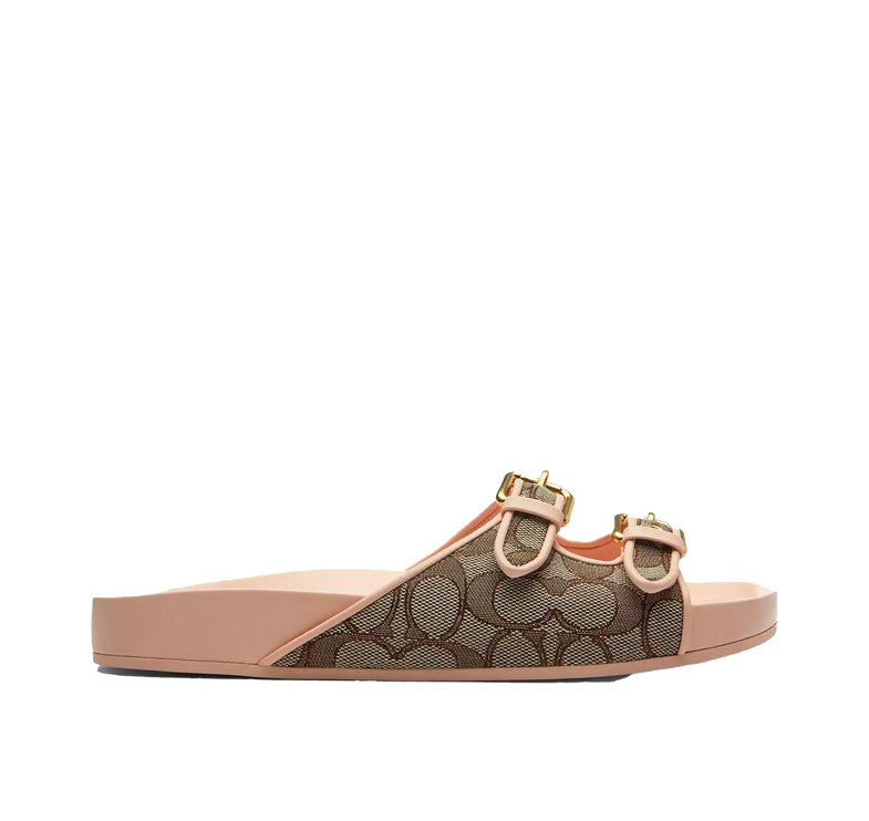 Coach Women's Two Band Buckle Sandal In Signature Jacquard Oak/Candy Pink