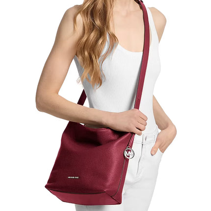 Michael Kors Women's Roey Medium Pebbled Leather Bucket Messenger Bag Maroon