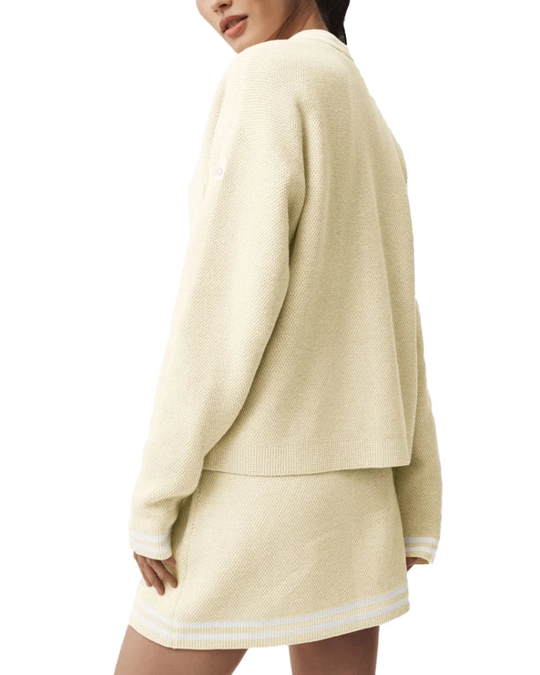 alo Women's Tennis Club Sweater Knit Cardigan Oatmeal/White