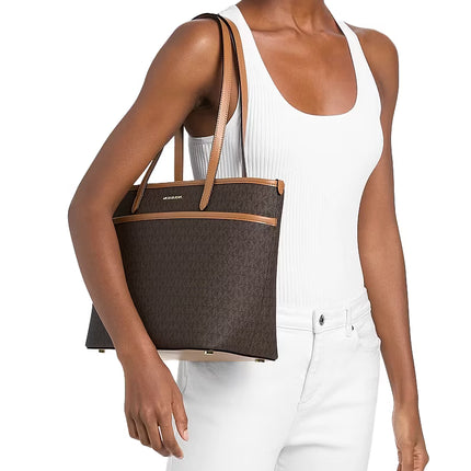 Michael Kors Women's Marlowe Medium Signature Logo Pocket Tote Bag Brown/Acorn/Gold