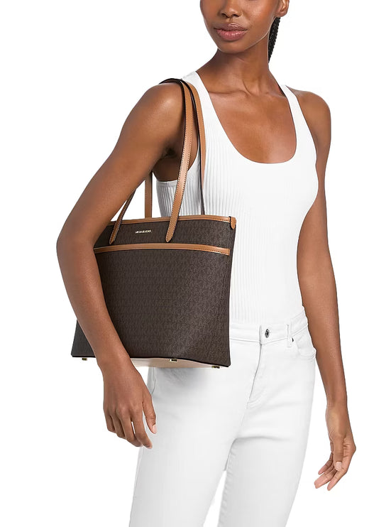 Michael Kors Women's Marlowe Medium Signature Logo Pocket Tote Bag Brown/Acorn/Gold