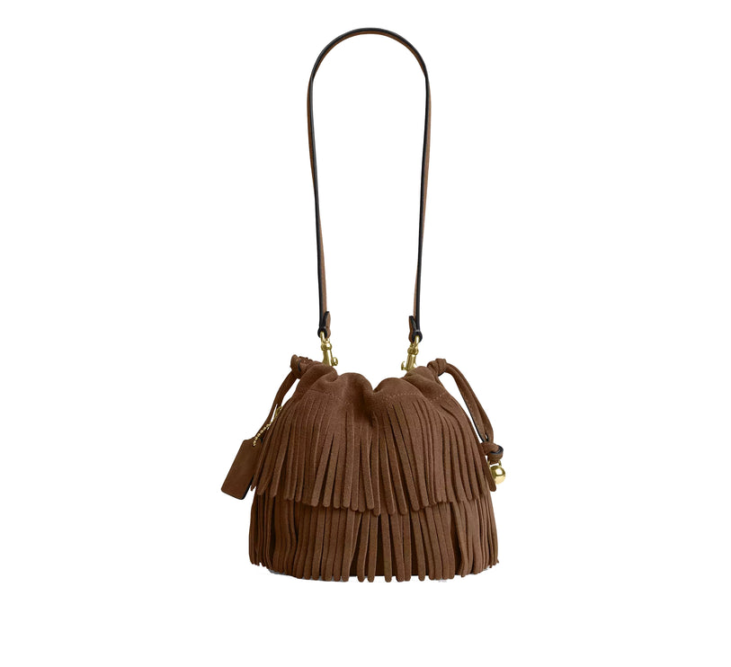 Coach Women's Faye Mini Drawstring Bag With Fringe Suede/Gold/Cedar