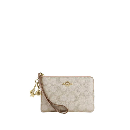 Coach Women's Boxed Corner Zip Wristlet In Signature Canvas With Charms Gold/Champagne