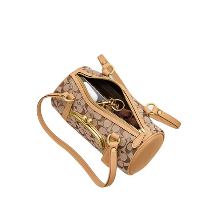 Coach Women's Kisslock Barrel Bag 28 In Signature Jacquard Brass/Khaki Light Peach
