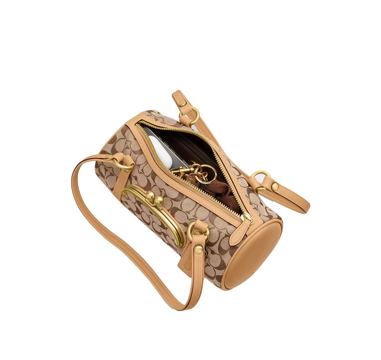 Coach Women's Kisslock Barrel Bag 28 In Signature Jacquard Brass/Khaki Light Peach