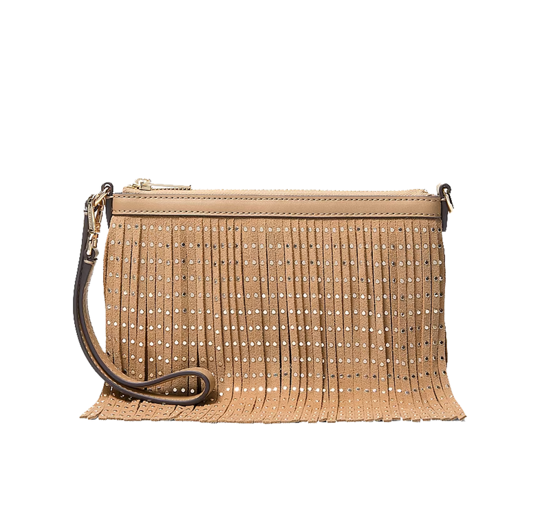 Michael Kors Women's Studded Fringed Microsuede Wristlet Camel