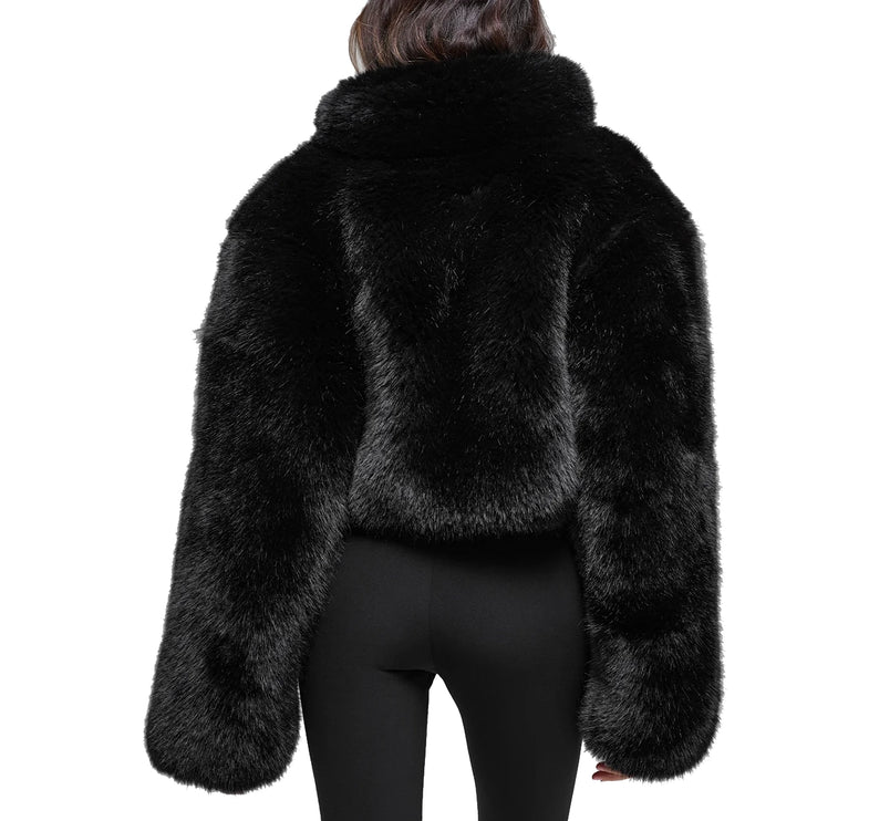 alo Women's Opulent Faux Fur Cropped Jacket Black